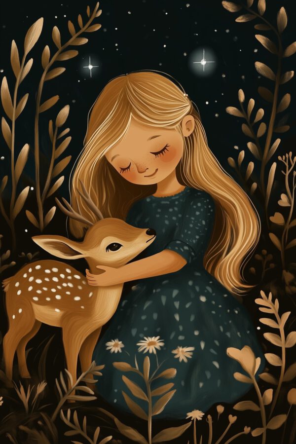 Meisje en Hert Printable Art Bosdieren - Afbeelding 3