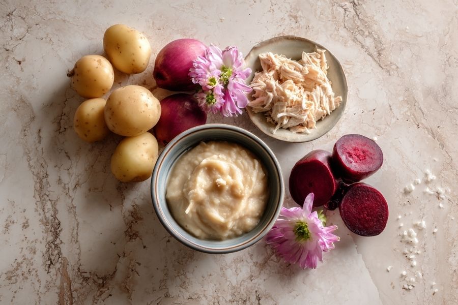 babyhapjes met aardappel bietjes en kip